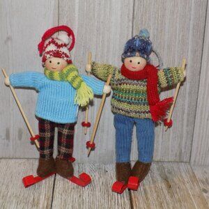 Knitted Skier Boy and Girl Ornaments Winter Decor,